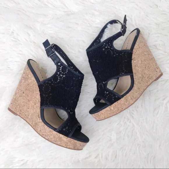 Lucky Brand Black Wedge Sandals with Lace Detail - Picture 2 of 10
